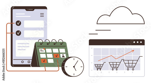 Smartphone checklist, calendar, clock, chart with shopping carts, cloud connectivity. Ideal for time management, e-commerce, analytics cloud storage planning productivity business growth. Simple