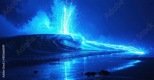 Fototapeta Naklejka Na Ścianę i Meble -  Dramatic ocean wave breaks, illuminated bright blue. Water sprays upwards, creating dynamic visual impact. Dark background emphasizes luminosity.