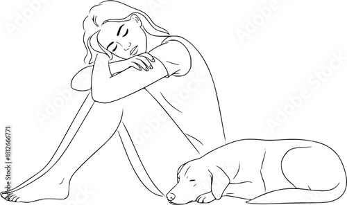 A simple line drawing of a woman sitting with her dog resting her head in her hands with closed eyes
