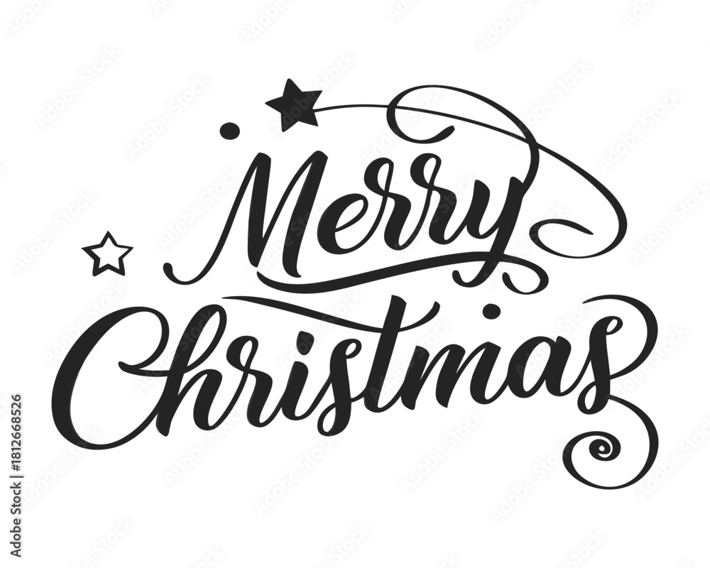 Obraz premium Merry Christmas Text with Swirls and Stars Black and White Holiday Season Celebration Card Design Template Isolated on White Background Festive Vector Illustration