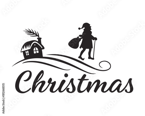 Vintage Christmas Illustration with Santa Claus Coming Home to a Cozy Cottage Holiday Season Design