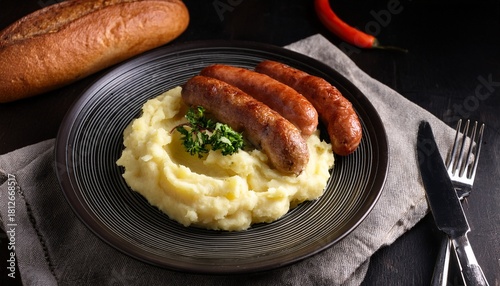 Delicious Homemade Mashed Potatoes With Sausages And Bread Low Light Food Photography