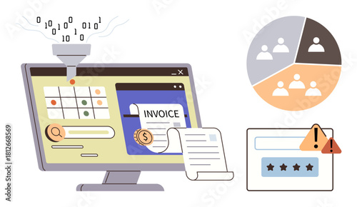Computer screen showcasing data funneling, invoicing, analytics, and alerts alongside user segmentation and rating review. Ideal for business, automation, workflow, optimization, analytics finance
