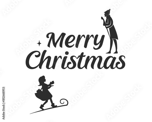 Merry Christmas greeting with silhouetted figures depicting winter activities like sledding and carol singing on a white background
