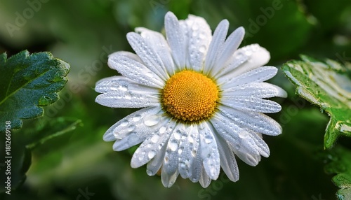 Close Up Macro Photo Of A White Daisy Flower In Full Bloom With Dew Drops And Green Leaves Soft Focus Background