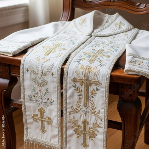 White religious stole with golden embroidered crosses and dove symbol. Christian vestment for church service, sermon, or baptism.