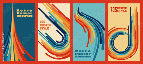 A set of retro 70s-style posters featuring vibrant, swirling rainbow stripes that recede into perspective. A vibrant vintage abstract background with curved lines. Vector design for nostalgic posters.