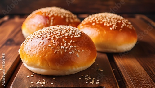 Homemade Freshly Baked Plain Golden Brown Soft Hamburger Buns Topped With Sesame Seeds Against Wooden Background Homebaking Freshness Bbq Concept