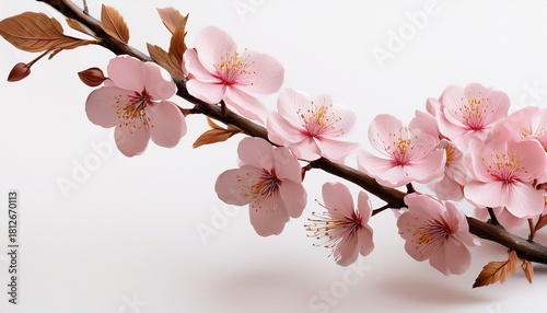Delicate Pink Blossoms On A Branch Against A White Background Clusters Of Light Pink Flowers With Darker Centers Are On A Light Brown Branch Tiny Reddish Brown Leaves Are Visible