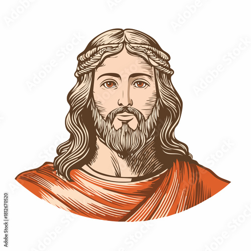 Vintage woodcut-style vector illustration of Jesus with outstretched arms, detailed robes, and halo, rendered in classic religious engraving aesthetics.