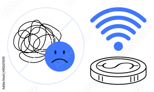 Messy tangled scribbles with sad face crossed out next to wireless signal and coin icon. Ideal for internet connectivity, digital economy, problem-solving, communication technology, innovation