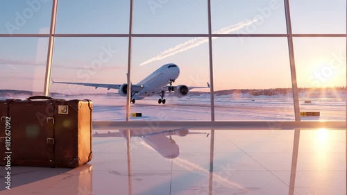 Vintage suitcase in modern airport terminal with airplane taking off during golden hour sunset for winter travel concept and holiday journey