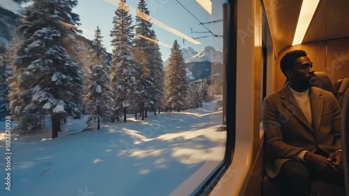 Young man traveling on a modern train, looking out at a snowy mountain vista during winter for scenic journey concept and luxury escape