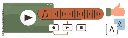 Audio player with waveform, playback buttons, thumbs-up gesture, language translation symbol. Ideal for media streaming, audio editing, podcast management, translation apps, user feedback multimedia