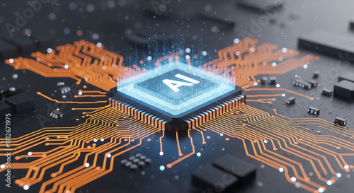 A closeup of a glowing blue ai processor chip on a circuit board.