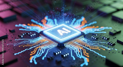 A closeup of a glowing blue ai processor chip on a circuit board.