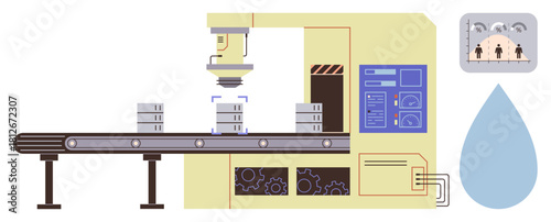 Robotic arm packaging goods on conveyor belt with quality control panel and water drop element. Ideal for automation, production, manufacturing, robotics, efficiency, sustainability, technology
