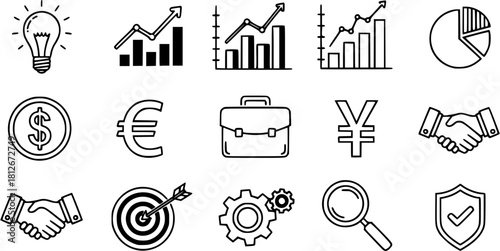 Collection of business related icons including lightbulbs graphs and financial symbols in a vector format
