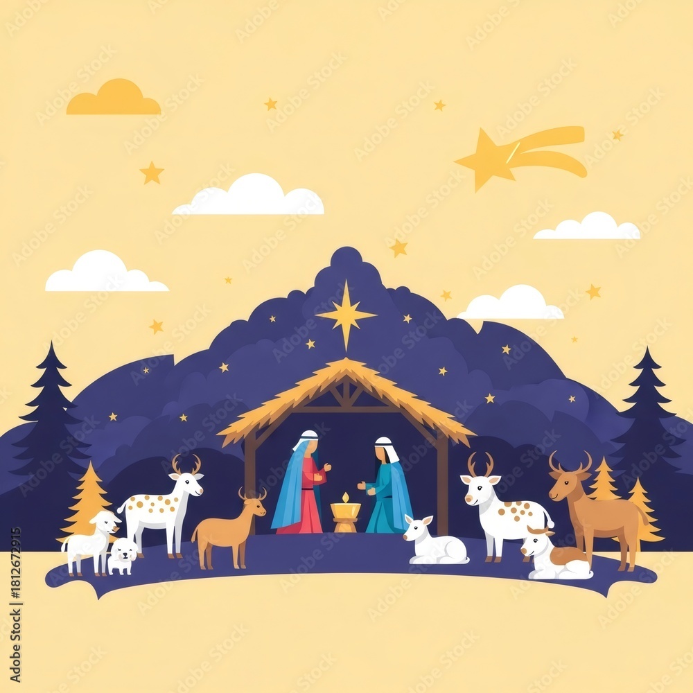 Obraz premium Classic Nativity scene with man and woman, holy family in a stable, with animals. Christmas celebration and religious concept.