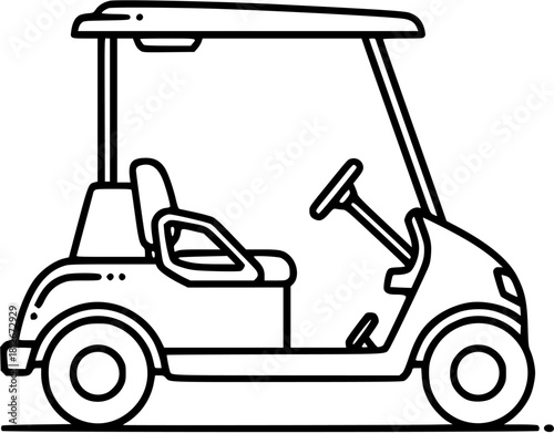 A simple black and white line drawing of a golf cart with a seat and a steering wheel on white
