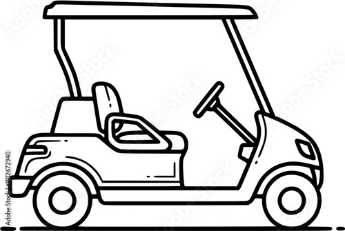 A simple black and white line drawing of a golf cart with a seat and a steering wheel on white

