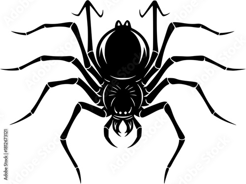 A black spider with many legs is isolated on white background
