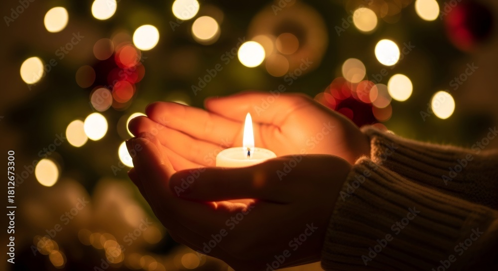 Fototapeta premium Woman holding a lit candle in her hands, concept of hope, prayer and remembrance for Christian holidays like Christmas.