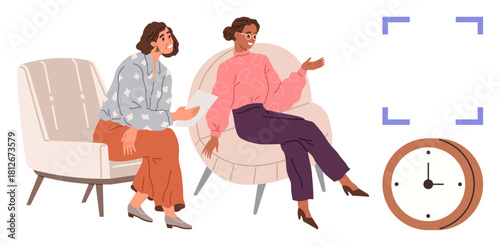 Two women in conversation, seated on modern chairs, emphasizing communication, planning, time management, productivity, collaboration, mentorship, goal setting with a simple flat metaphor