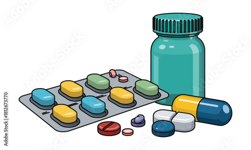 Various colorful capsules, tablets, and a blue bottle show different pharmaceutical medicine types
