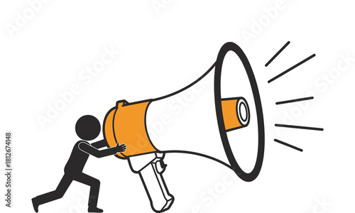 Stick figure pushes large orange megaphone while in a lunge pose with transparent background