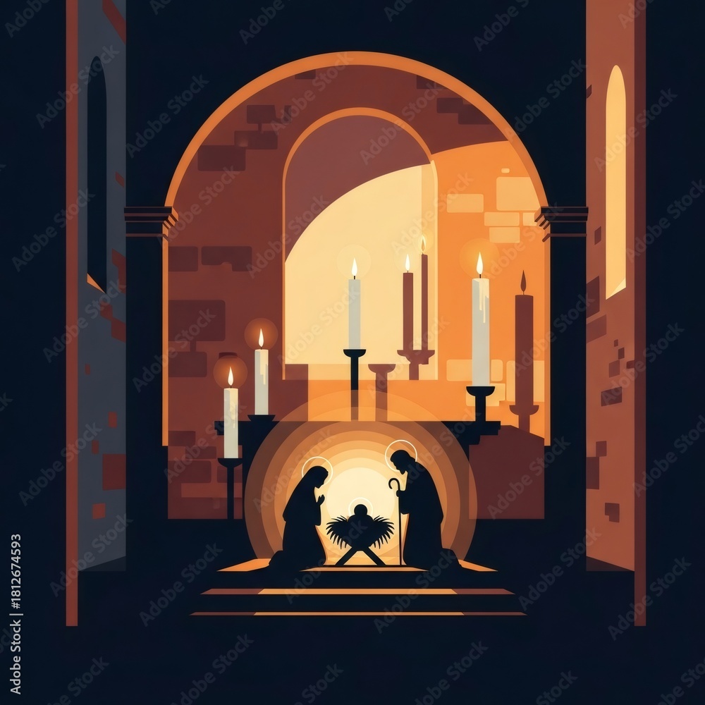 Obraz premium Christmas nativity scene with Mary, Joseph, and baby Jesus. Religious design for Christian Christmas celebration. Holiday background for greeting card.