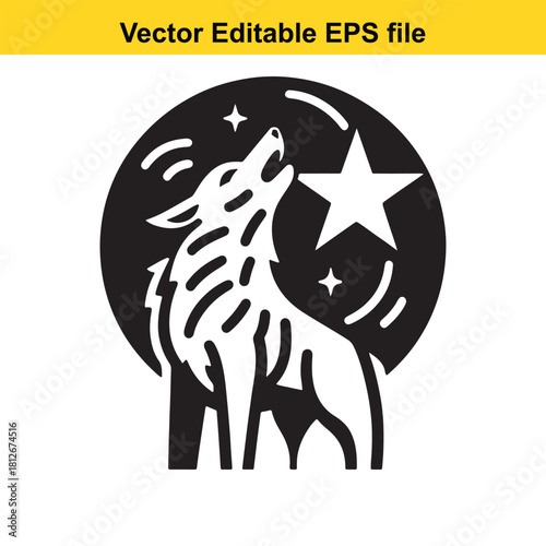 Howling wolf silhouette against moon and star icon