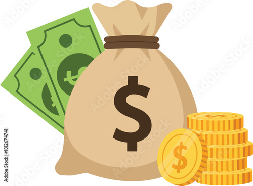 Illustration of a money bag with dollar sign, stacks of coins, and two green banknotes