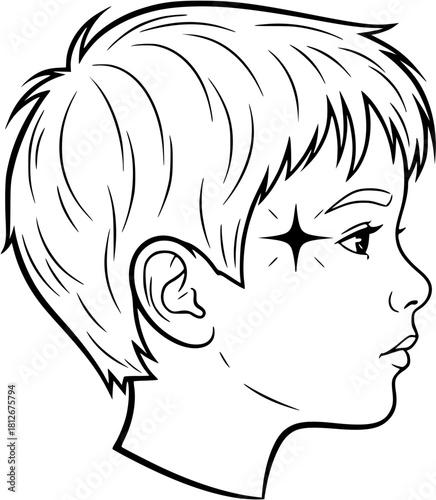Illustration of a boy's head in profile with a sparkling star near his temple in black and white
