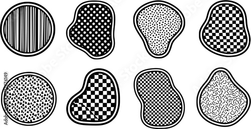 Set of six abstract shapes filled with different geometric figures isolated on white background
