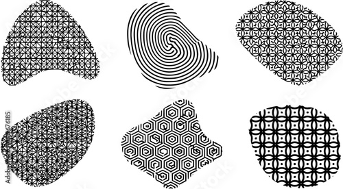 Set of six abstract shapes filled with different geometric figures isolated on white background
