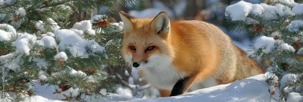 Obraz premium Stunning Winter Wildlife Scene Featuring a Red Fox Amidst Snow-Laden Evergreens in Nature