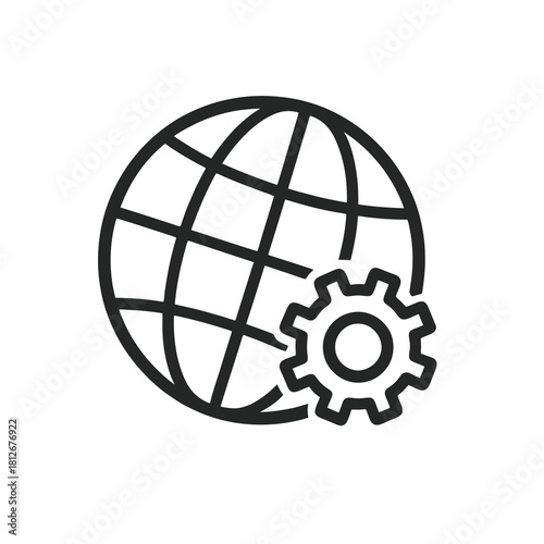 Thin-line globe with gear icon, slightly angled, transparent PNG, ideal for visuals about global operations, international process management and worldwide system optimization.