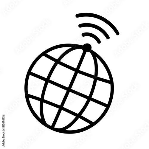 Thin-line globe with Wi-Fi signal icon, slightly angled, transparent PNG, ideal for visuals on global internet coverage, international digital access and network connection.