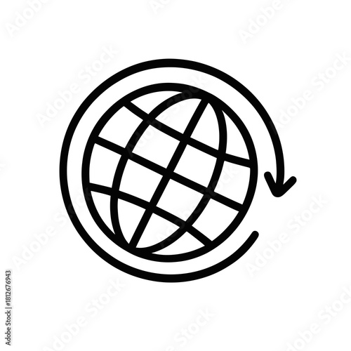 Thin-line globe with wrapping arrow icon, slightly angled, transparent PNG, ideal for visuals representing global operations, international workflow and dynamic worldwide movement.