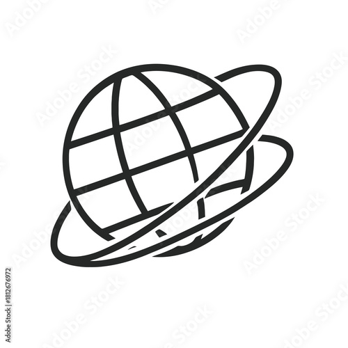 Thin-line global orbit icon with network curves, slightly angled, transparent PNG, ideal for visuals representing worldwide digital connectivity and global data interaction.