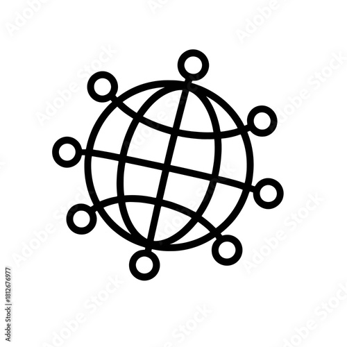 Thin-line globe with network nodes icon, slightly angled, transparent PNG, perfect for visuals on worldwide connectivity, global digital networks and international reach.