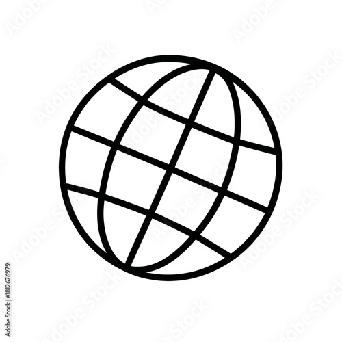 Thin-line world globe icon with clean grid pattern, slightly angled, transparent PNG, ideal for visuals related to global presence, international connections and worldwide scope.