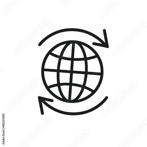 Thin-line globe with rotating arrows icon, slightly angled, transparent PNG, ideal for visuals about worldwide exchange, international workflow and global movement.