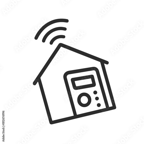 Thin-line smart home icon with digital signal and control panel detail, slightly angled, transparent PNG, ideal for visuals on IoT technology, home automation and future high-tech living.