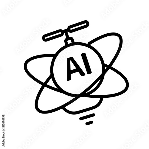 Thin-line autonomous AI drone sphere icon with digital orbit effect, slightly angled, transparent PNG, ideal for visuals on advanced automation, futuristic robotics and next-gen AI innovation.