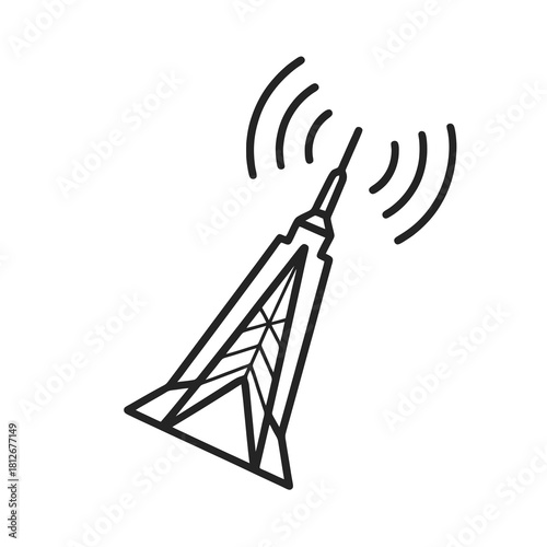 Thin-line futuristic signal tower icon, slightly angled, transparent PNG, ideal for visuals about advanced communication systems, smart city evolution and next-gen technology.