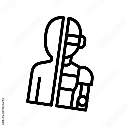 Thin-line half-human half-robot icon, slightly angled, transparent PNG, ideal for visuals about human–AI integration, technological evolution and advanced innovation concepts.