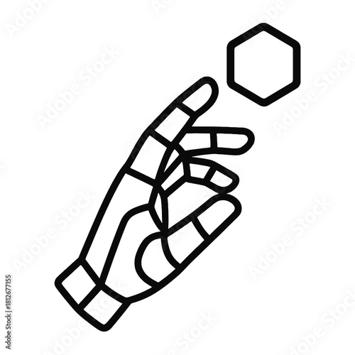 Thin-line robotic hand reaching toward digital interface icon, slightly angled, transparent PNG, ideal for visuals on human–AI interaction, advanced robotics and future automation systems.