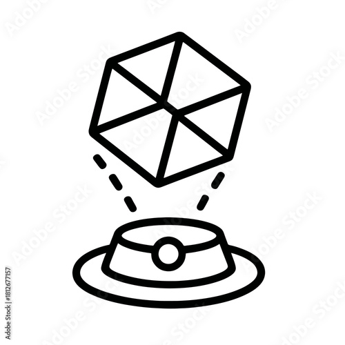 Thin-line hologram projector icon with floating cube, slightly angled, transparent PNG, ideal for visuals about futuristic innovation, digital projection and next-gen technology concepts.